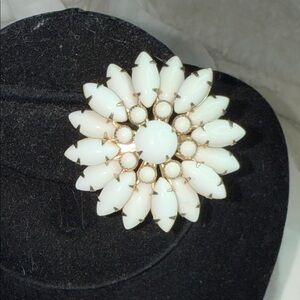 Flower rhinestone Brooch White Milk Glass gold tinted domed floral MCM Pin